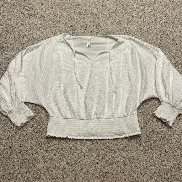 Anthropologie Peasant Blouse Sz S White Smocked Waist Pirate Flowy Puff Sleeve - Picture 1 of 6
